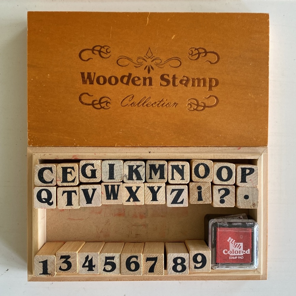 Vintage Wooden Box Collection of Wood Stamps. Alphabet, Numbers
